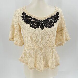 Free People XS Lace Peplum Top Beige & Black Floral Embroidery Short Bell Sleeve